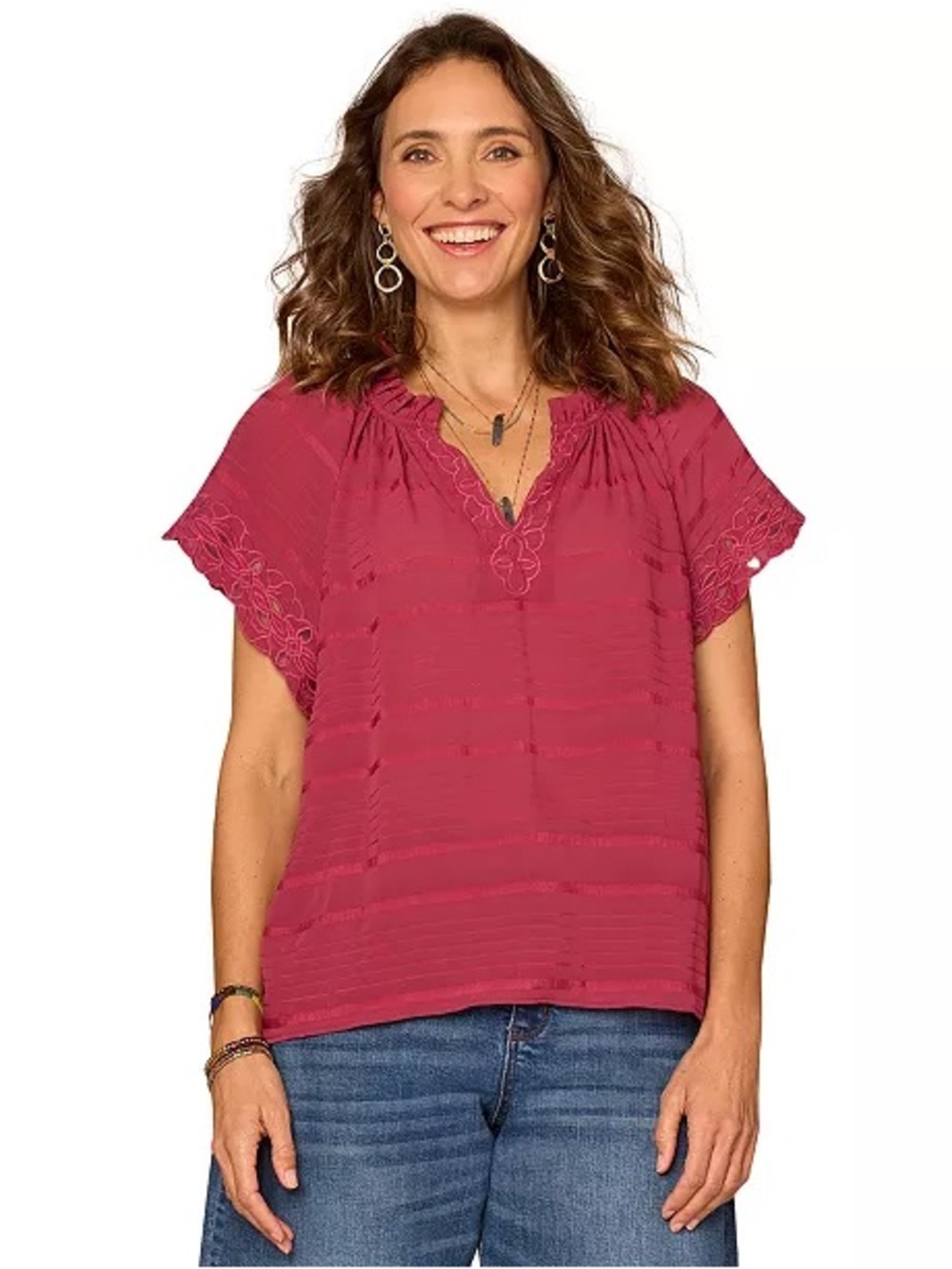 Democracy XL Beet Red Embroidered Boho Peasant Blouse Short Sleeve Top NWT